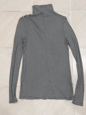 Banana Republic Black and White Striped Long-Sleeved Mock Neck Tee